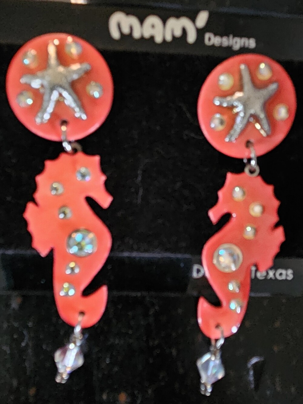 MAM' Coral Seahorse Earrings Lightweight Vintage Y2K Swarovski Beads Whimsical